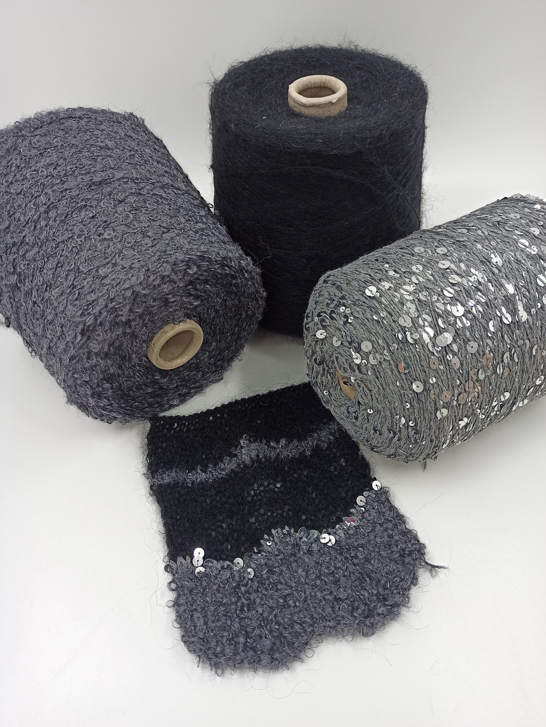 Набор для шарфа, альпака, меринос, мохер, пайетки, цвет черный